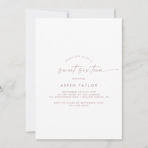 Modern Rose Gold Script Sweet Sixteen Birthday