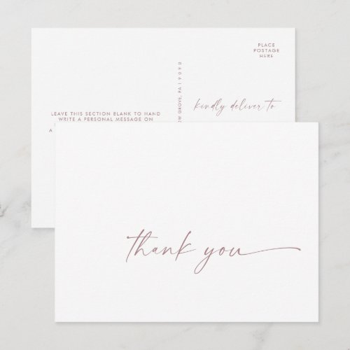 Modern Rose Gold Script Thank You Postcard