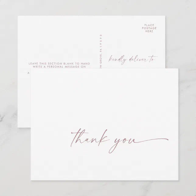 Modern Rose Gold Script Thank You Postcard | Zazzle