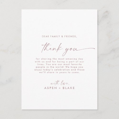 Modern Rose Gold Script Thank You Reception Card