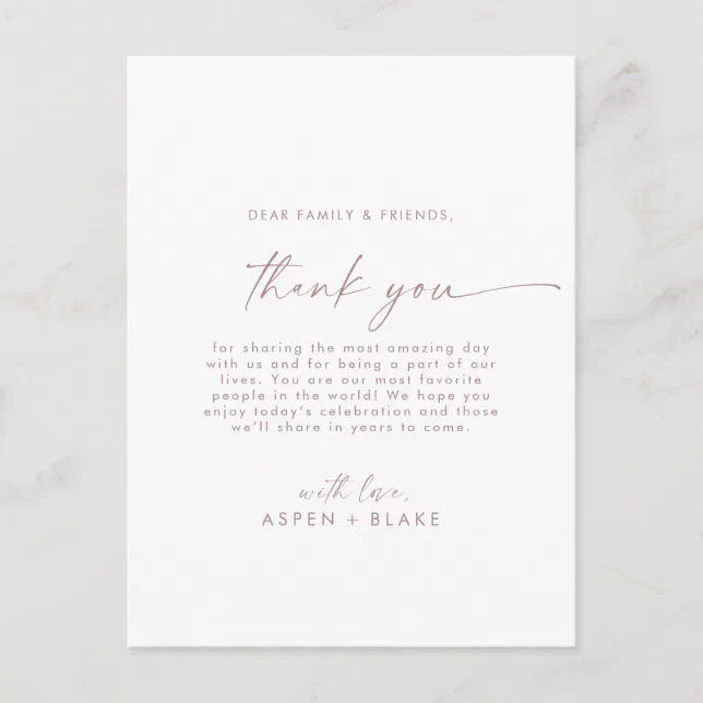 Modern Rose Gold Script Thank You Reception Card | Zazzle