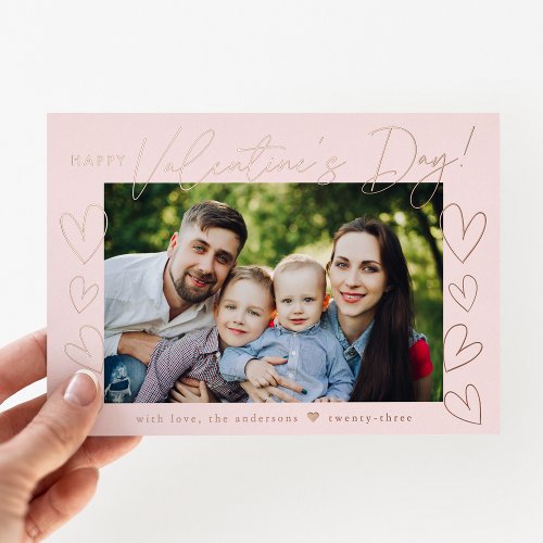 Modern Rose Gold Script Valentines Day Photo Foil Holiday Card