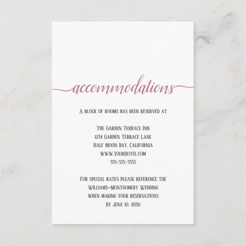 Modern Rose Gold Script Wedding Accommodations Enclosure Card
