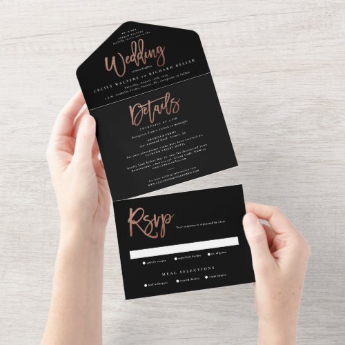 Modern rose gold script wedding all in one invitation