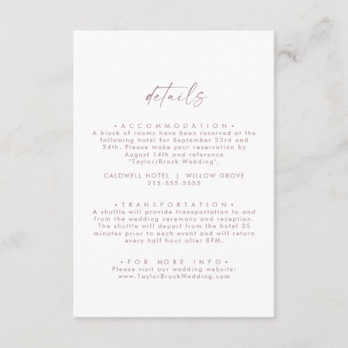 Modern Rose Gold Script Wedding Details Enclosure Card
