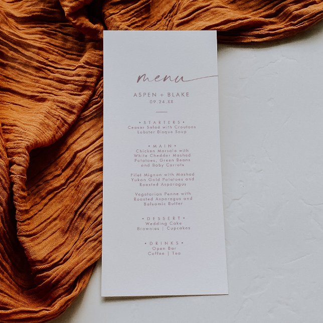 Modern Rose Gold Script Wedding Dinner Menu (Creator Uploaded)