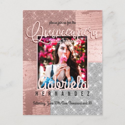 Modern Rose Gold Silver Glitter Photo Quinceaera Invitation Postcard