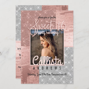 Modern Rose Gold Silver Glitter Photo Sweet 16 Invitation