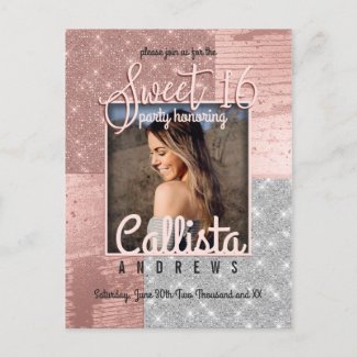 Modern Rose Gold Silver Glitter Photo Sweet 16 Invitation Postcard
