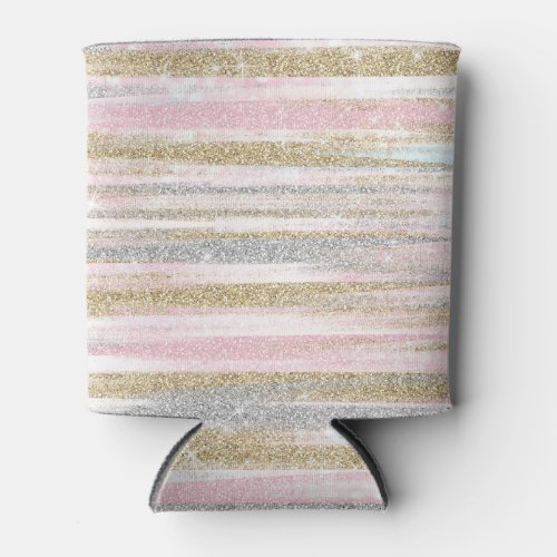 Modern Rose Gold Silver Glitter Strokes Stripes Can Cooler