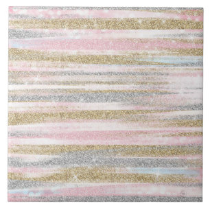 Modern Rose Gold Silver Glitter Strokes Stripes Ceramic Tile