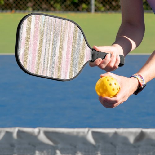 Modern Rose Gold Silver Glitter Strokes Stripes Pickleball Paddle