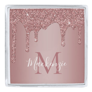 Modern Rose Gold Sparkle Glitter Drips Monogram Silver Finish Lapel Pin