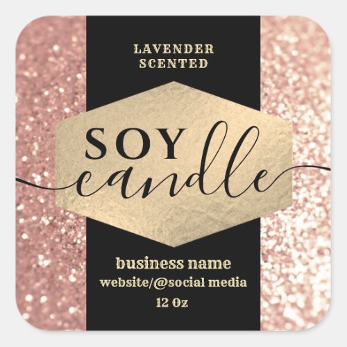 Modern rose gold sparkle glittery soy candle label