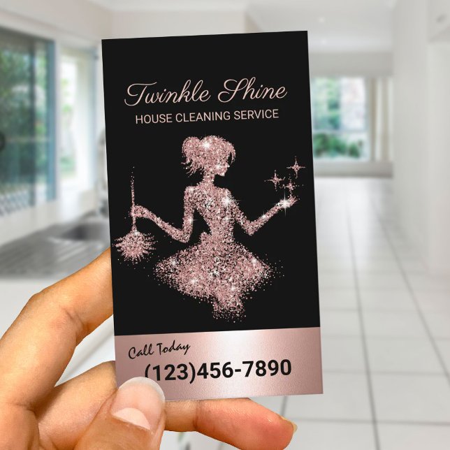 Modern Rose Gold Sparkles Maid House Cleaning Business Card (Creator Uploaded)