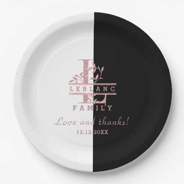 Modern Rose Gold Split Custom Monogram L Paper Plates (Front)