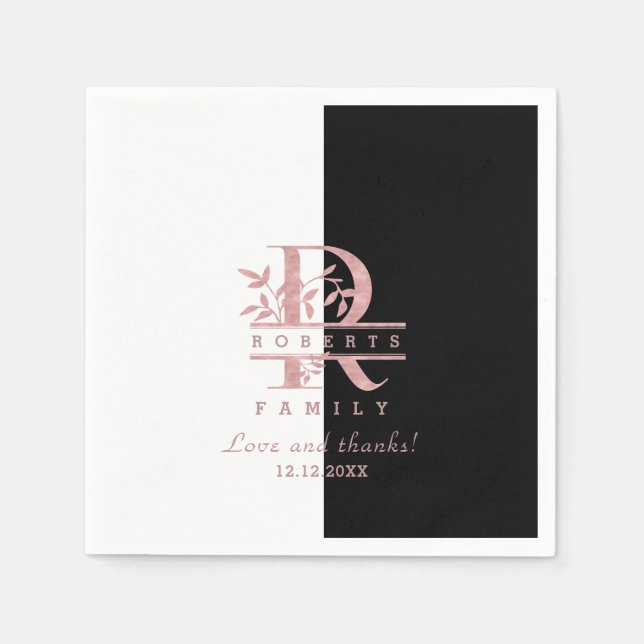 Modern Rose Gold Split Custom Monogram R Napkins (Front)