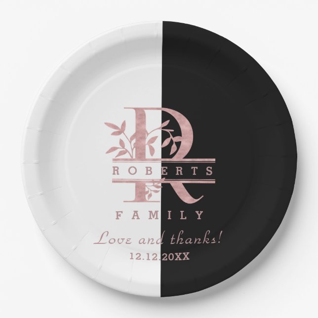 Modern Rose Gold Split Custom Monogram R Paper Plates (Front)