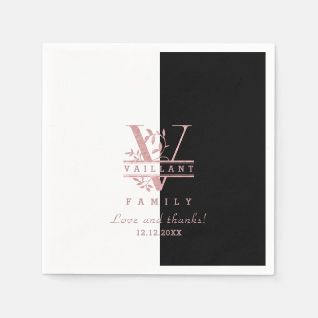 Modern Rose Gold Split Custom Monogram V Napkins (Front)