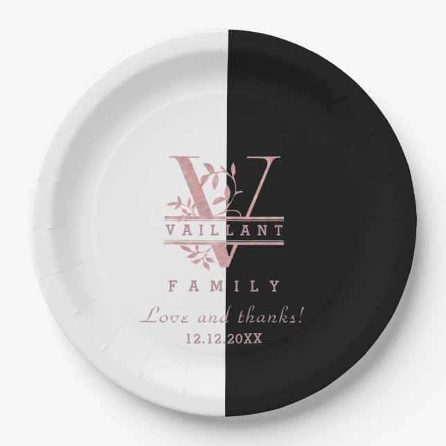 Modern Rose Gold Split Custom Monogram V Paper Plates (Front)