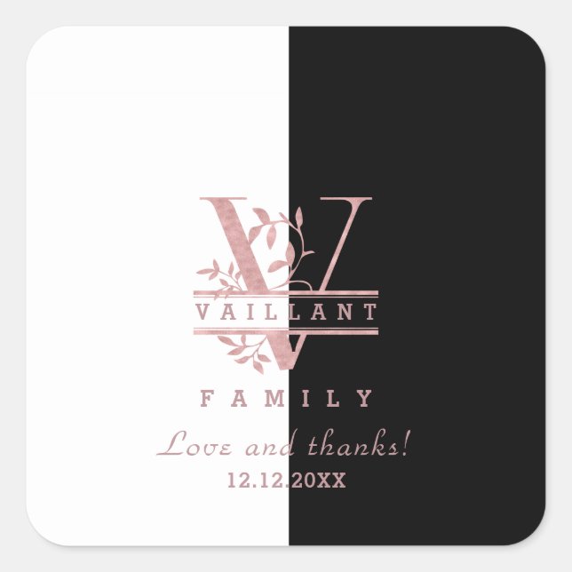 Modern Rose Gold Split Custom Monogram V Square Sticker (Front)
