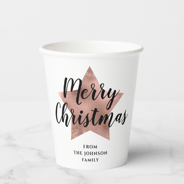Modern Rose Gold Star Christmas Paper Cups (Front)