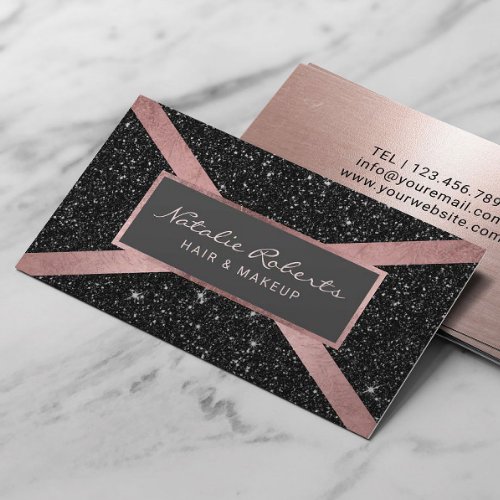 Modern Rose Gold Stripe Black Glitter Beauty Salon Business Card
