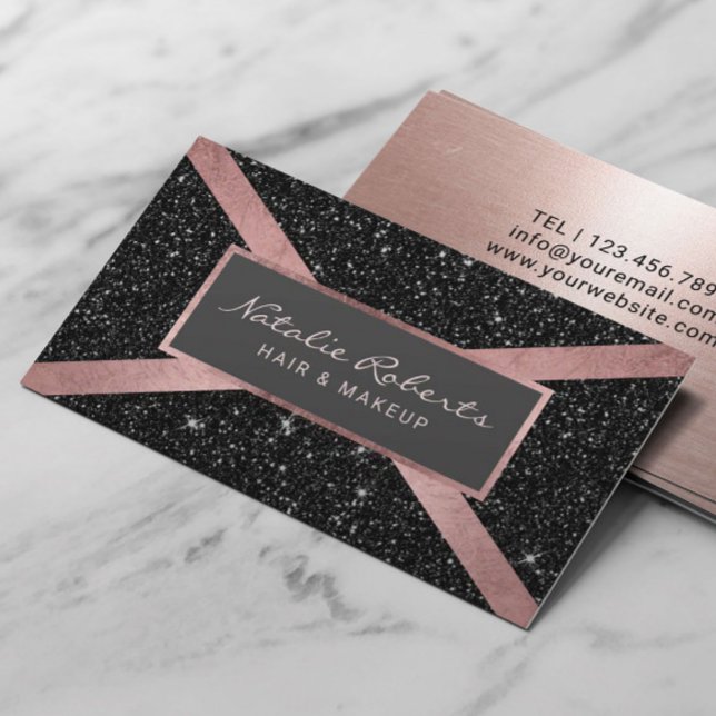 Modern Rose Gold Stripe Black Glitter Beauty Salon Business Card (Creator Uploaded)