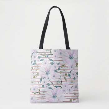 Modern Rose Gold Stripes Pink Watercolor Floral To Tote Bag by kicksdesign at Zazzle