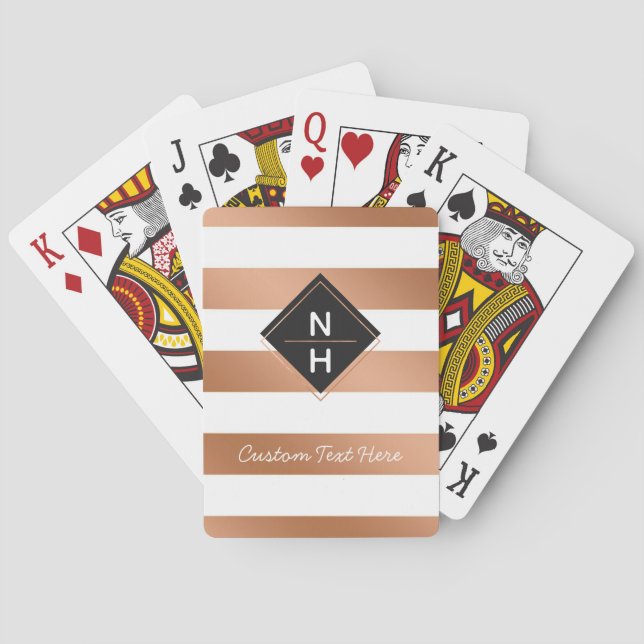 Modern Rose Gold Stripes Simple Stacked Monogram Poker Cards (Back)