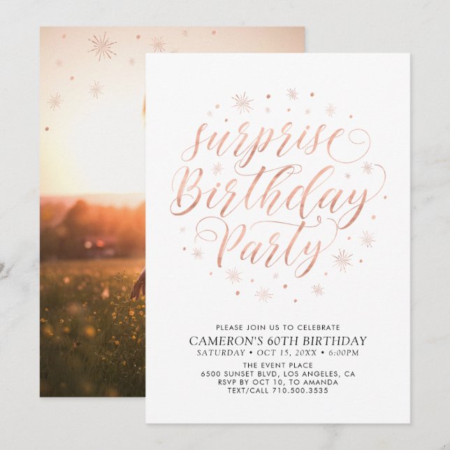 Modern Rose Gold Surprise Photo Birthday Party Invitation (Front/Back)