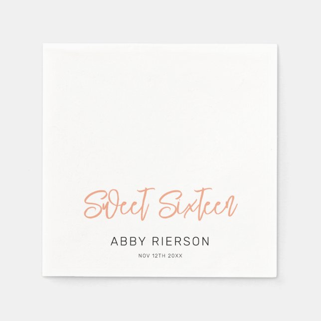 Modern Rose Gold Sweet Sixteen Custom Name Napkins (Front)