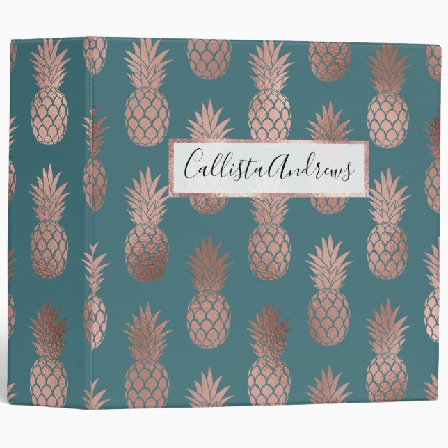 Modern Rose Gold Teal Green Pineapple Pattern 3 Ring Binder (Front/Spine)
