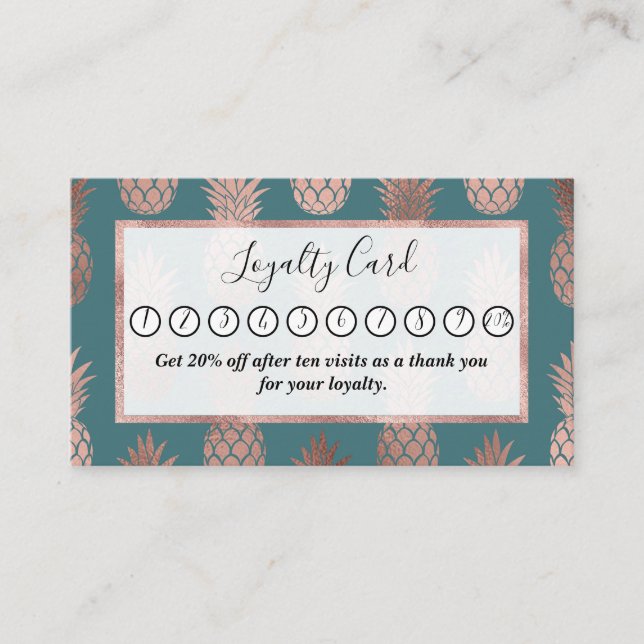 Modern Rose Gold Teal Green Pineapple Pattern Loyalty Card (Front)