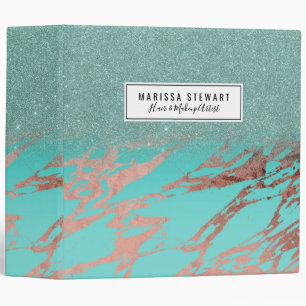 Modern Rose Gold Teal Marble Glitter Gradient 3 Ring Binder