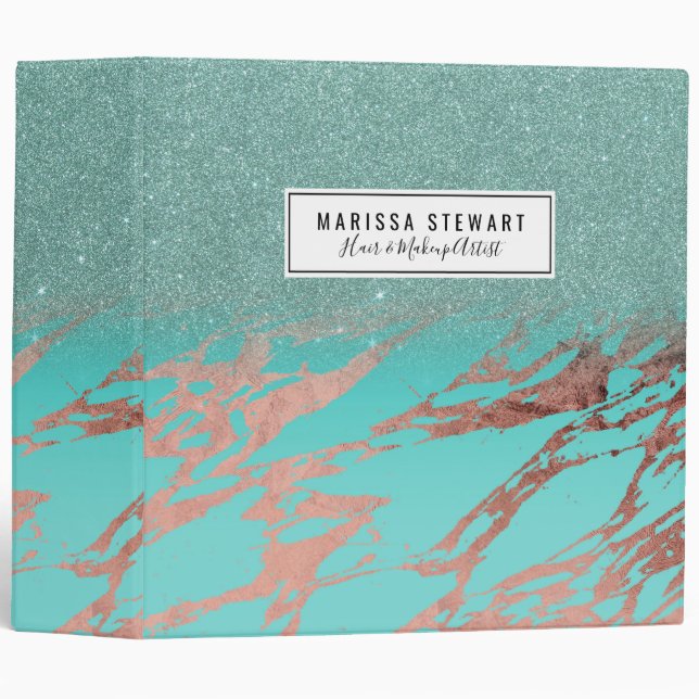 Modern Rose Gold Teal Marble Glitter Gradient 3 Ring Binder (Front/Spine)