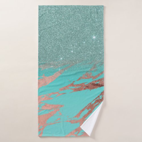 Modern Rose Gold Teal Marble Glitter Gradient Bath Towel