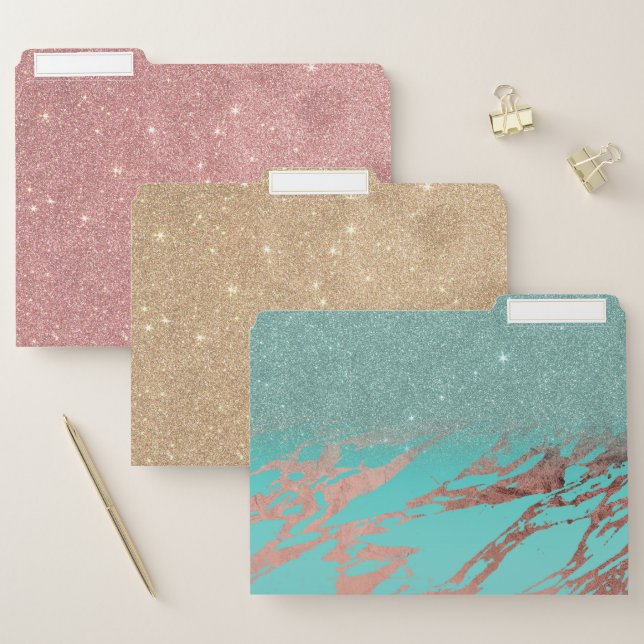 Modern Rose Gold Teal Marble Glitter Gradient File Folder (Set)