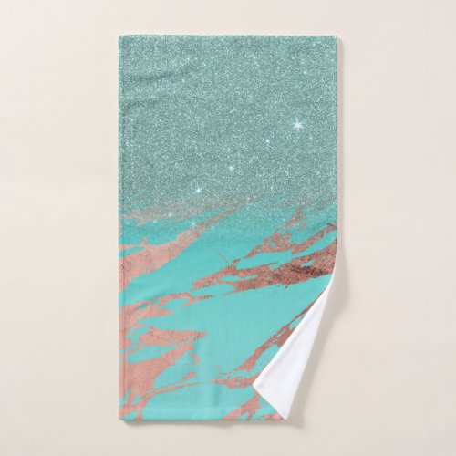 Modern Rose Gold Teal Marble Glitter Gradient Hand Towel