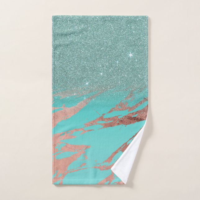 Modern Rose Gold Teal Marble Glitter Gradient Hand Towel (Hand Towel)