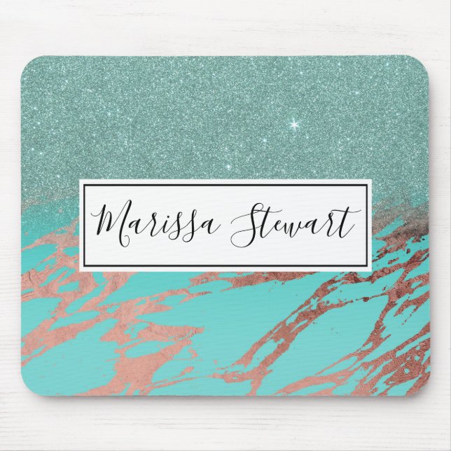 Modern Rose Gold Teal Marble Glitter Gradient Mouse Pad (Front)