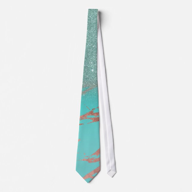 Modern Rose Gold Teal Marble Glitter Gradient Neck Tie (Front)