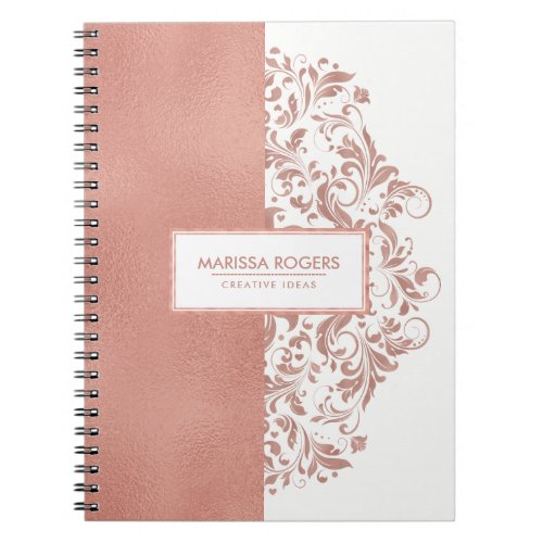 Modern Rose_Gold Texture  Swirls On White Notebook
