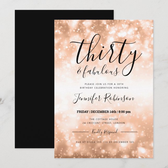 Modern Rose Gold Thirty & Fabulous 30th Birthday Invitation (Front/Back)