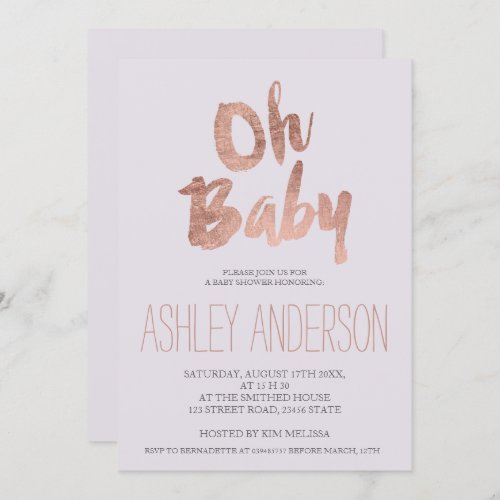Modern rose gold typography lilac Baby shower Invitation