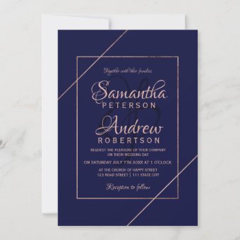 Modern rose gold typography navy frame wedding invitation | Zazzle