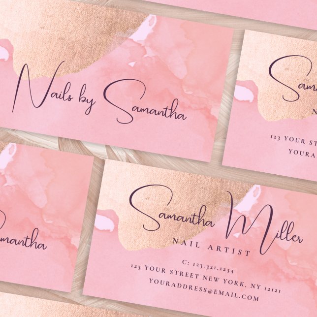 Modern rose gold watercolor nails business card (Creator Uploaded)