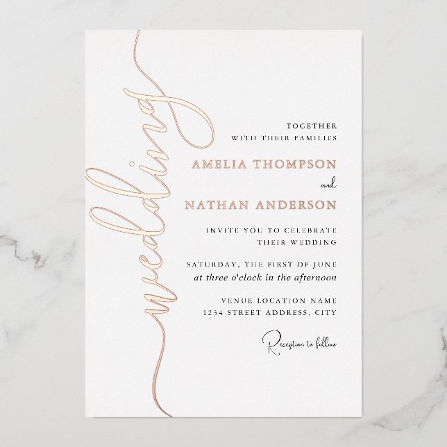 Modern Rose Gold Wedding  Foil Invitation (Front)