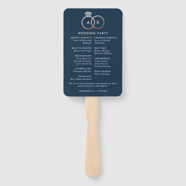 Modern Rose Gold Wedding Rings Ceremony Program Hand Fan (Back)