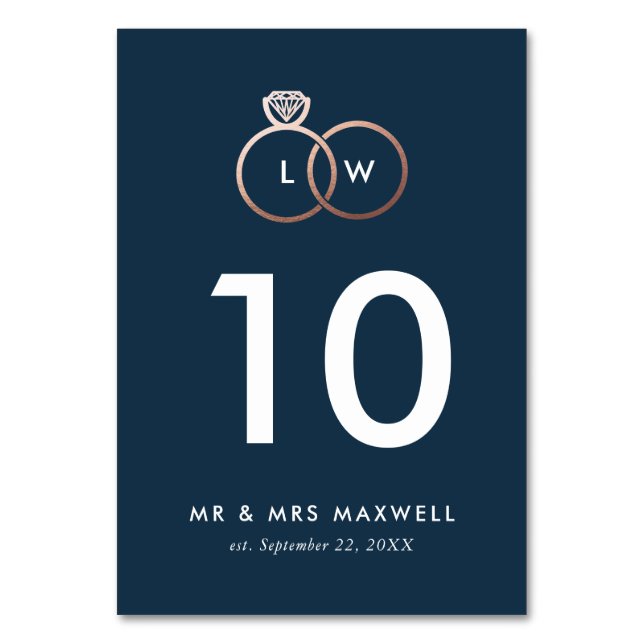 Modern Rose Gold Wedding Rings Table Number Navy (Front)